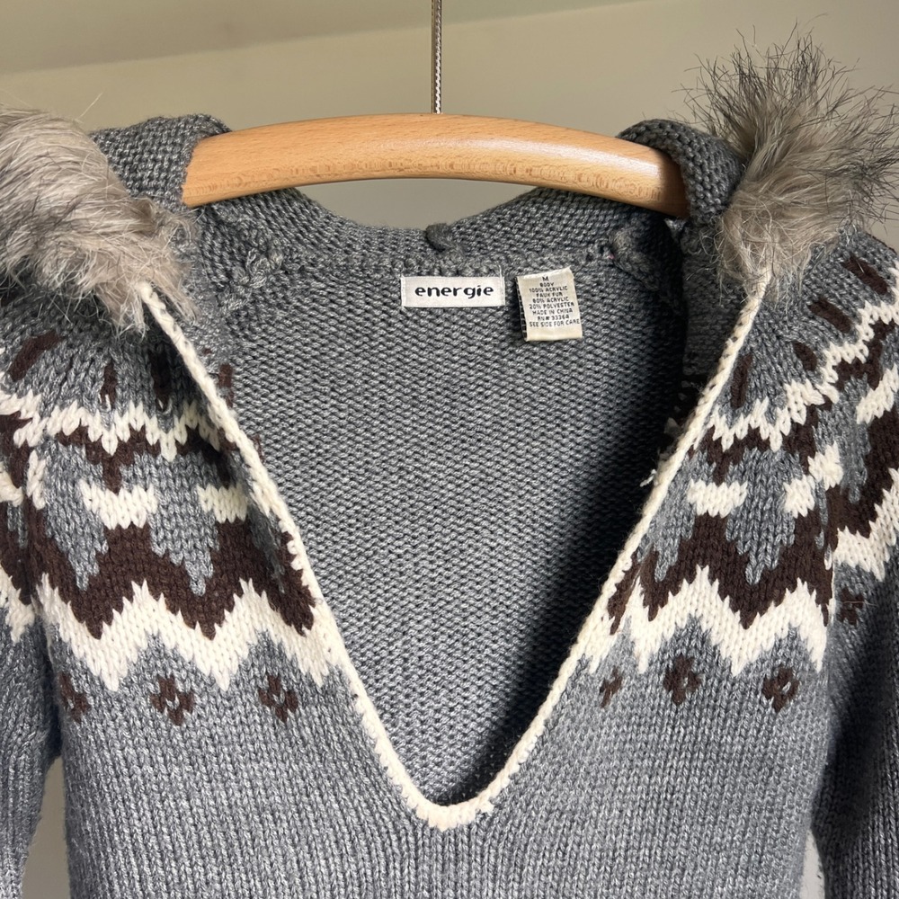 Vintage 90s Energie Fair Isle Faux Fur Hooded Sweater Grey Y2K Gorpcore Preppy - Picture 9 of 10